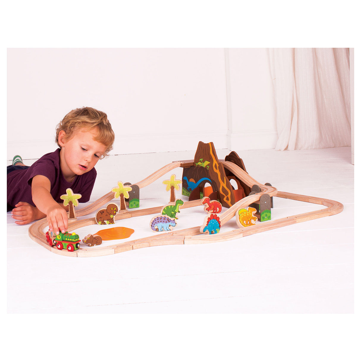 Bigjigs Set da treno Dino in legno, 49dlg.