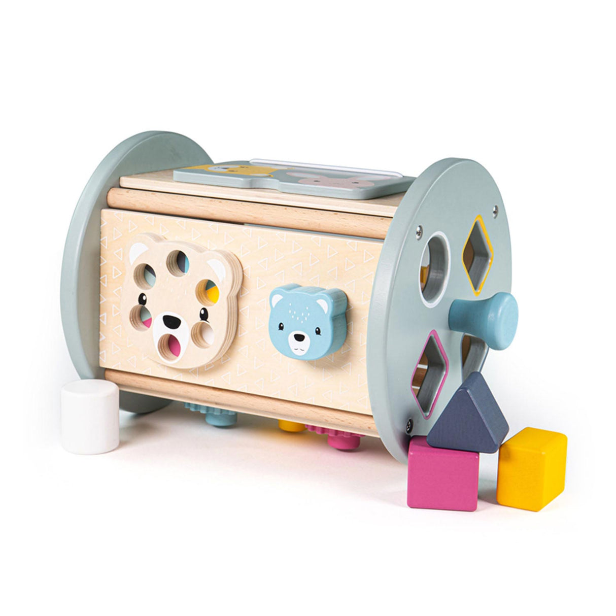 Bigjigs rolling activity box and shape stew of wood, 5dlg.