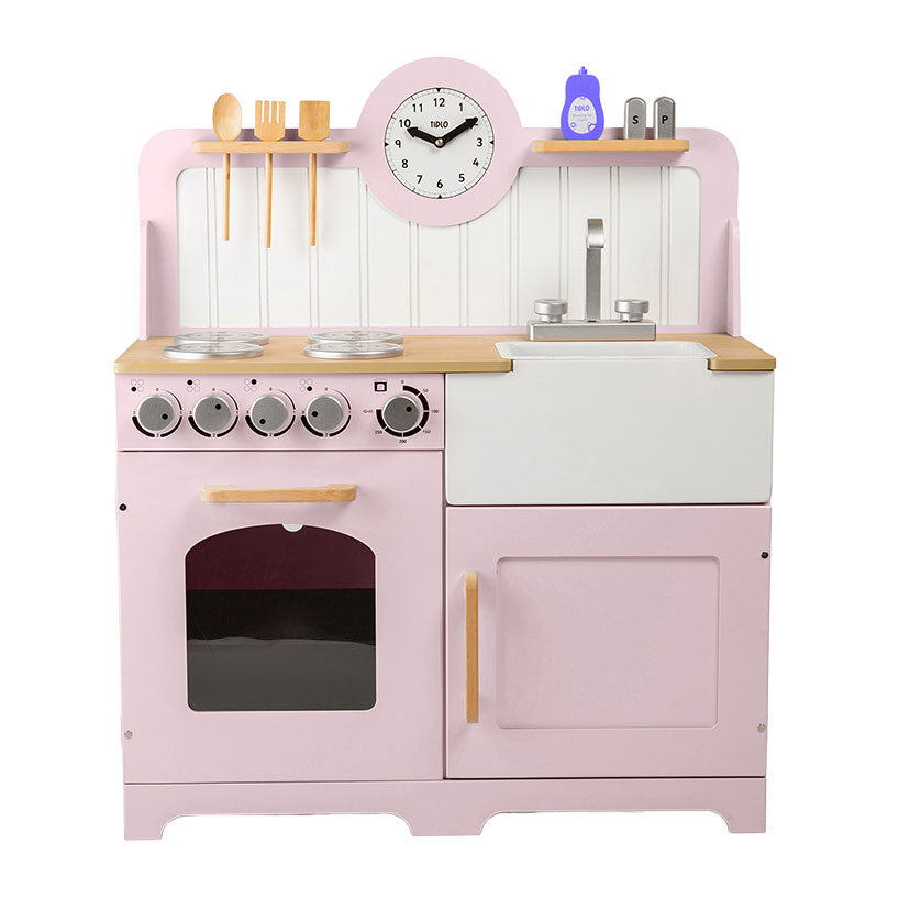 Tidlo puinen leikkikeittiö maalaisvaaleanpunainen, 7 kpl.