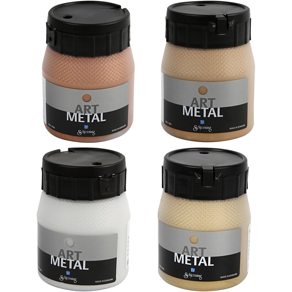 Schjerning hobbyverf metallic, afm 5190, 5102, 5104, 5110, koper, licht goud, medium goud, zilver, 4x250 ml 1 doos