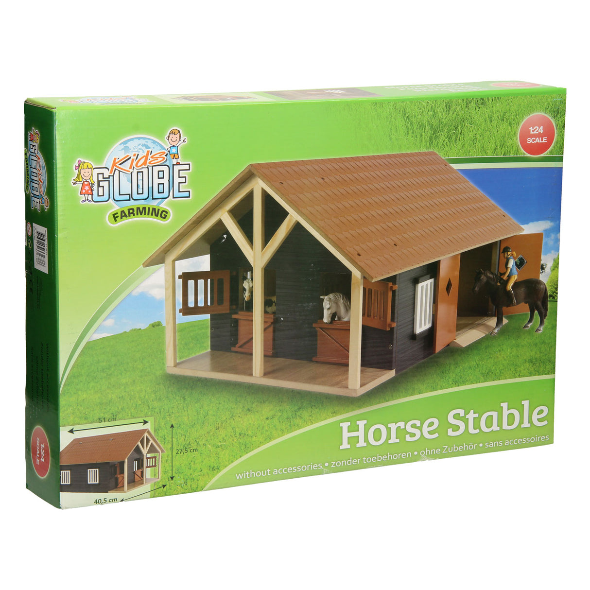 Kids Globe wooden stable with 2 stalls and storage, 1:24