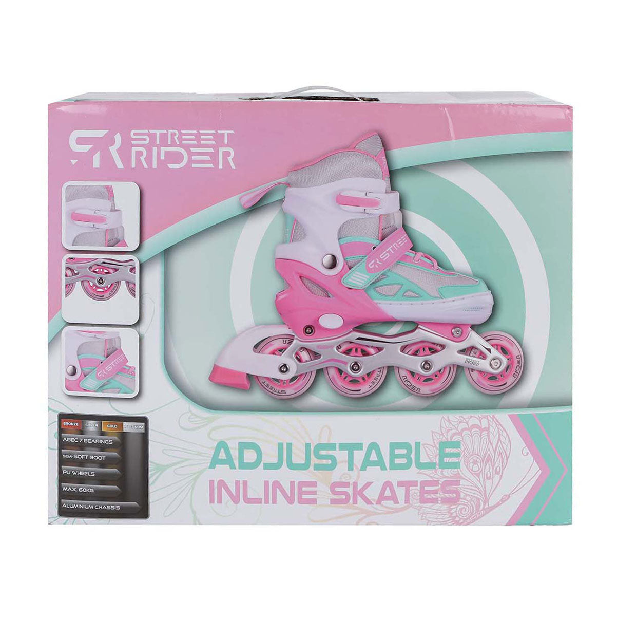 Street Rider Inline Skeelers Pink Green adjustable, size 29-32
