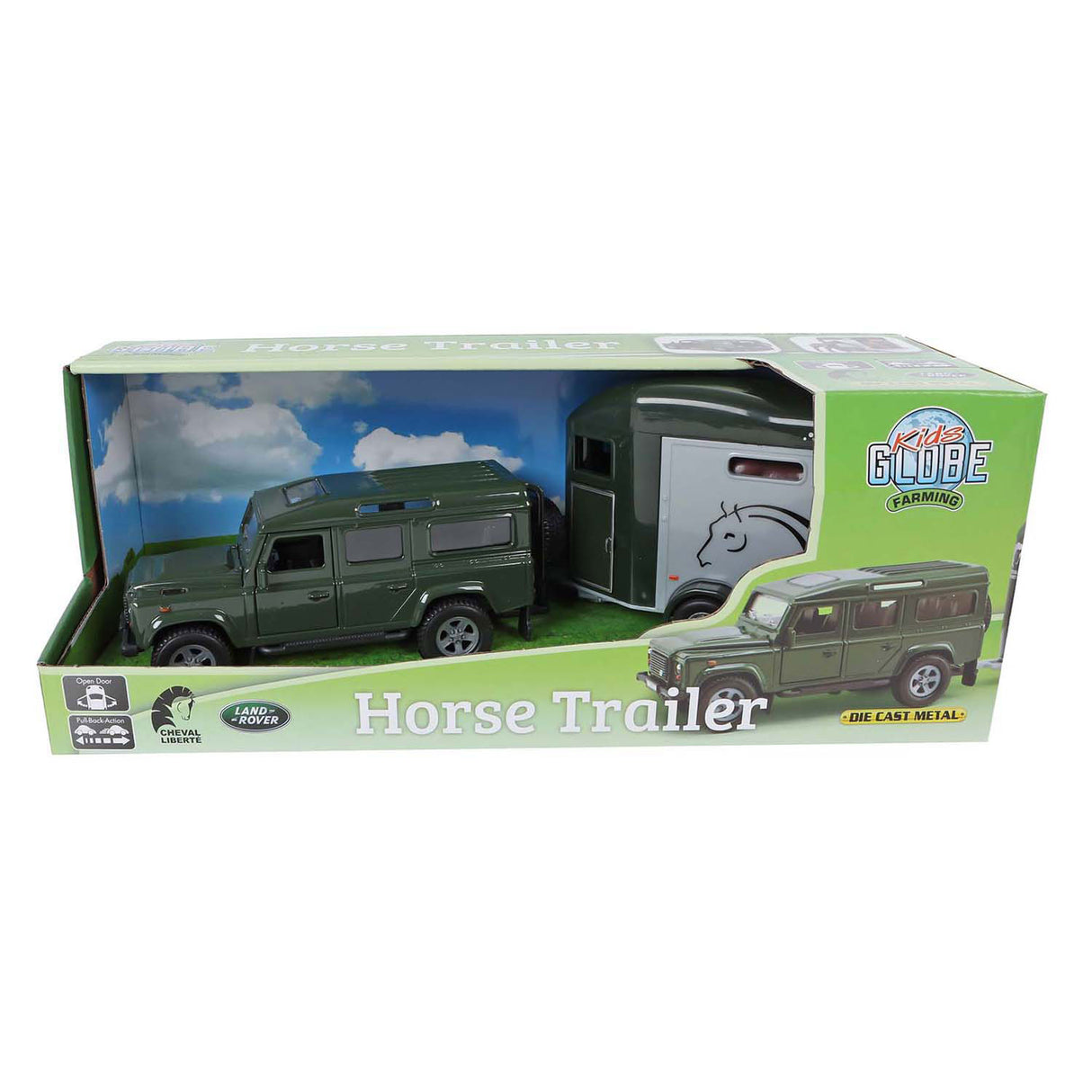 Kids globe land rover with cheval liberte horse trailer 1:24