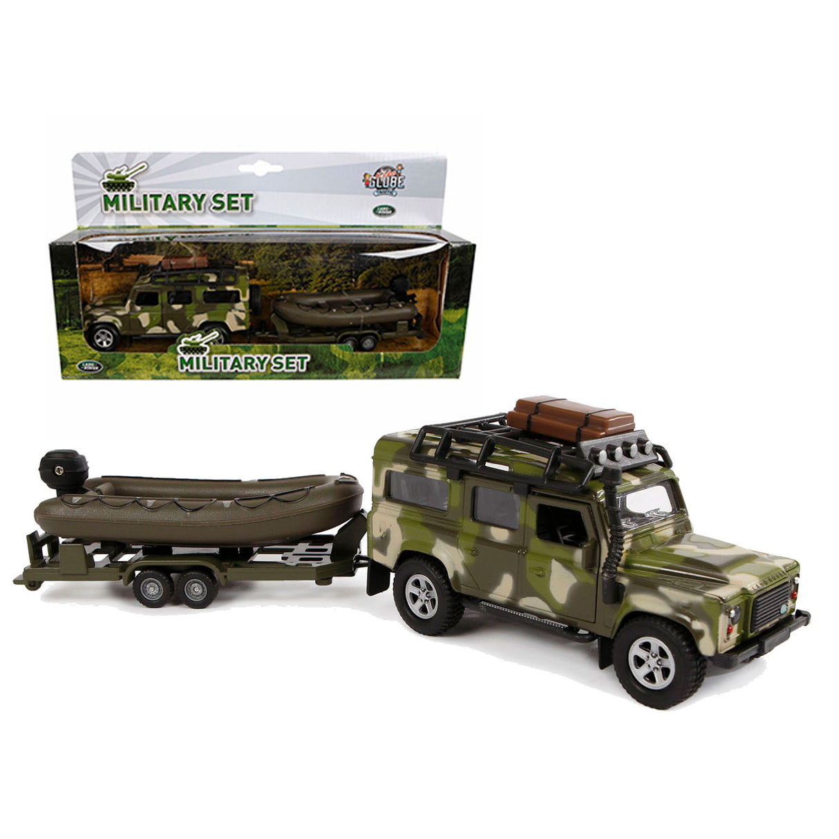 Kids Globe Globe Die Cast Land Rover med trailer og bådhær