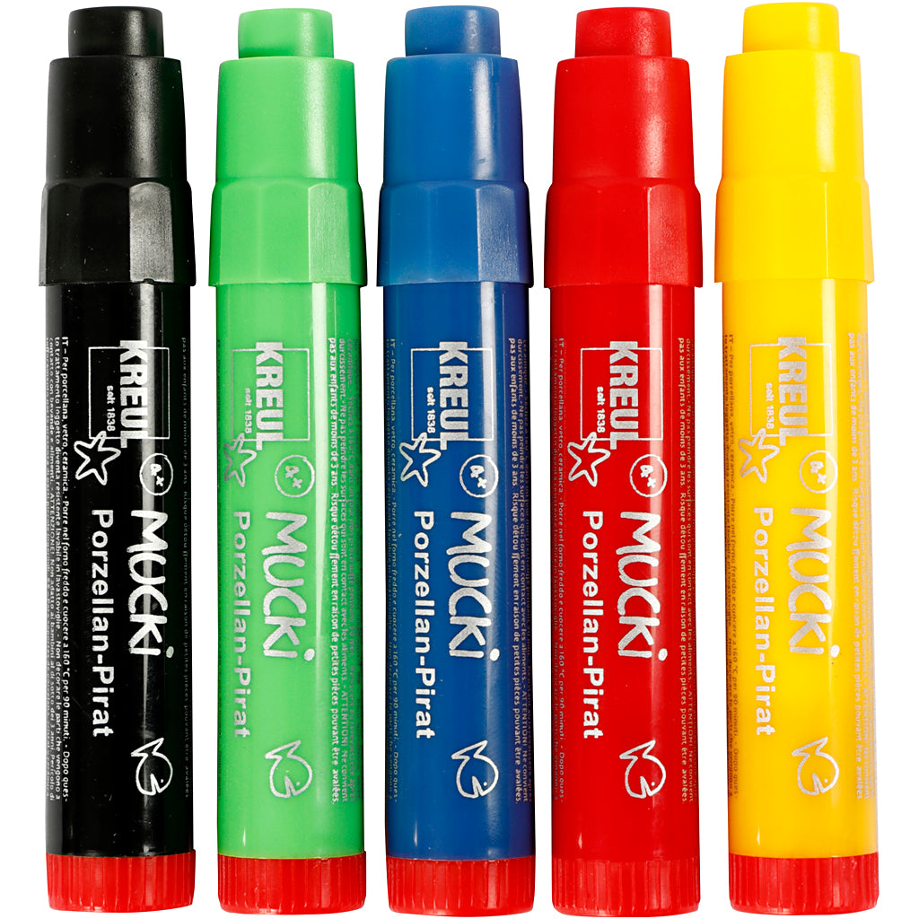 Kreul glass and porcelain markers, line width 2-5 mm, various colours, 5 pieces in a box