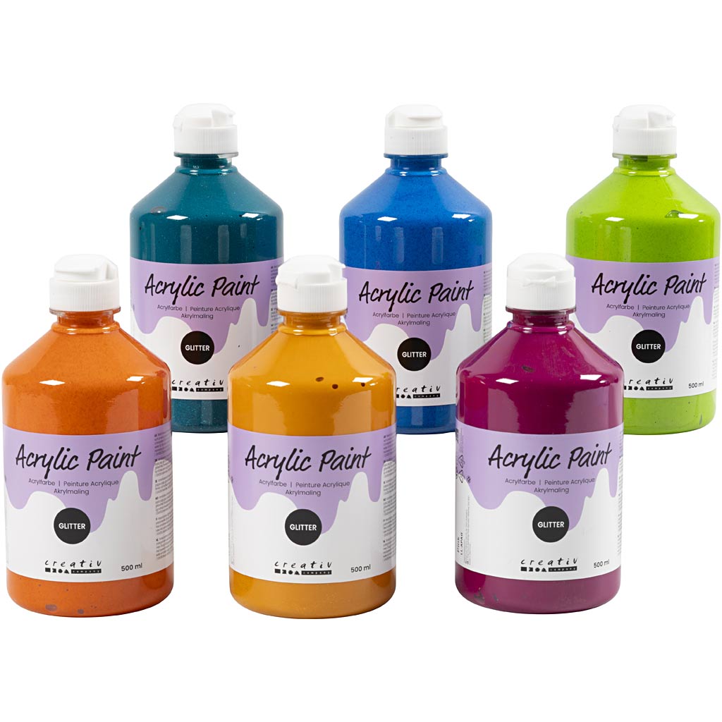 Creativ company acrylverf met glitters, diverse kleuren, 6x500 ml 1 doos