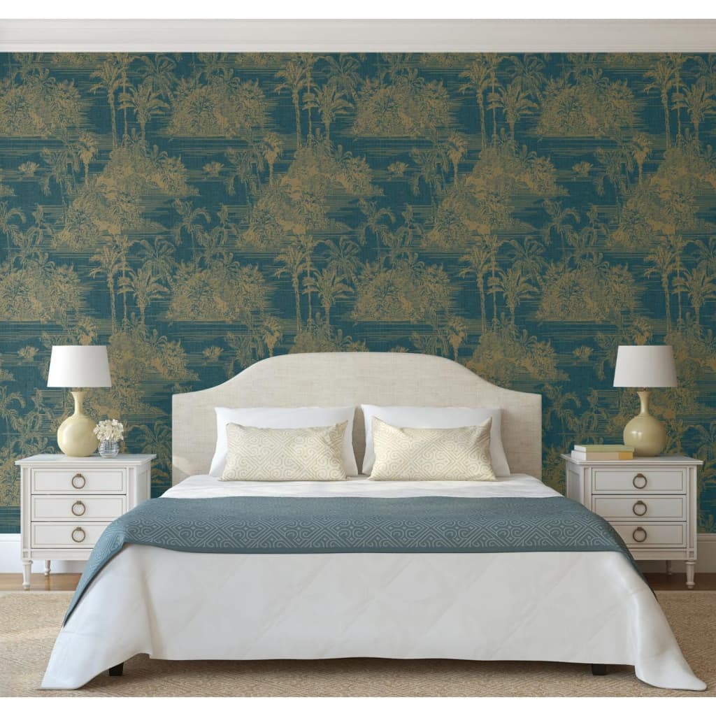 Hollandske Wallcoverings tapet Tropisk mørkeblå og guldfarvet