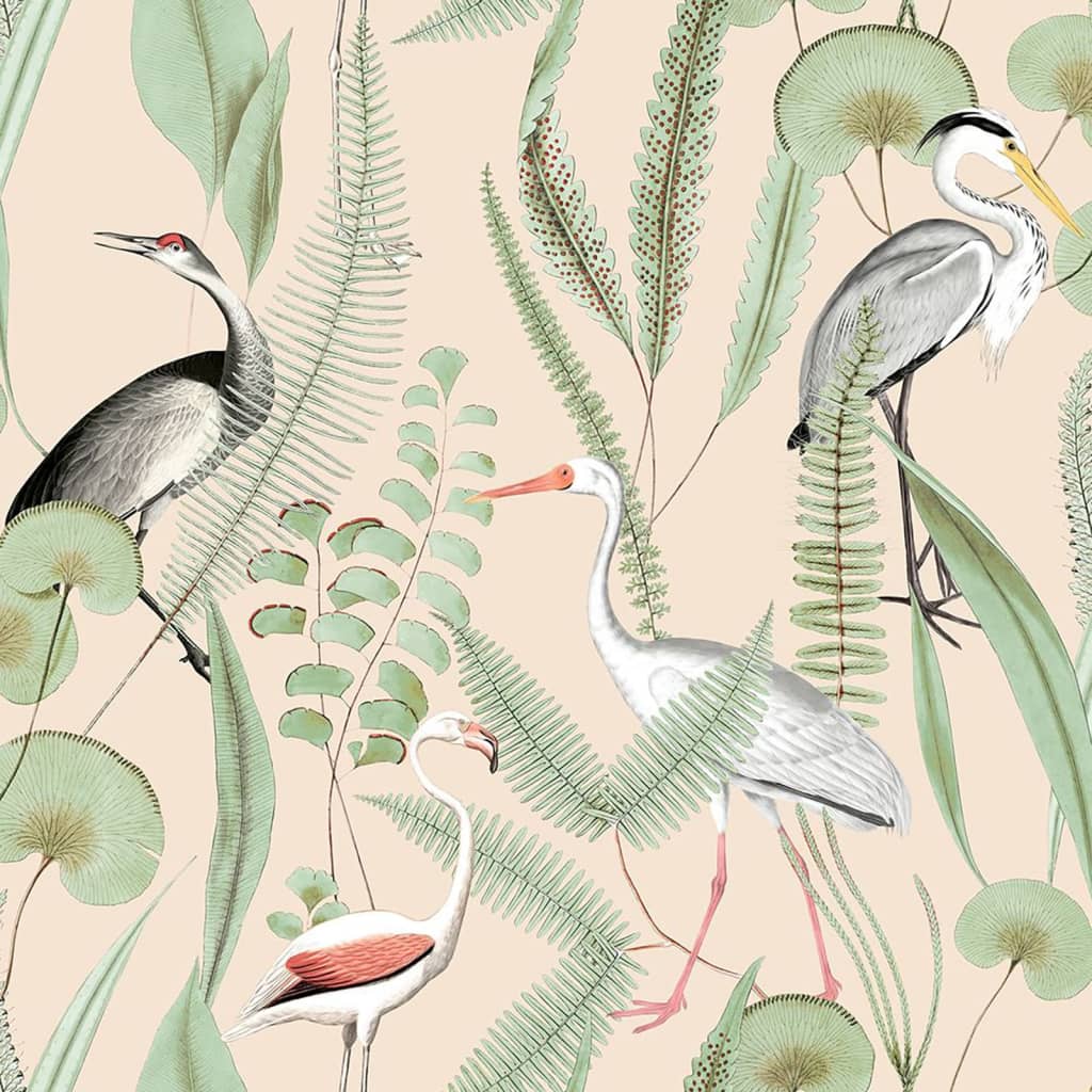 Niederländische Wandverkleidung Wallpaper Flamingo Crème und Minzefarbe