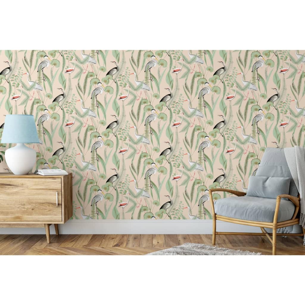 Niederländische Wandverkleidung Wallpaper Flamingo Crème und Minzefarbe
