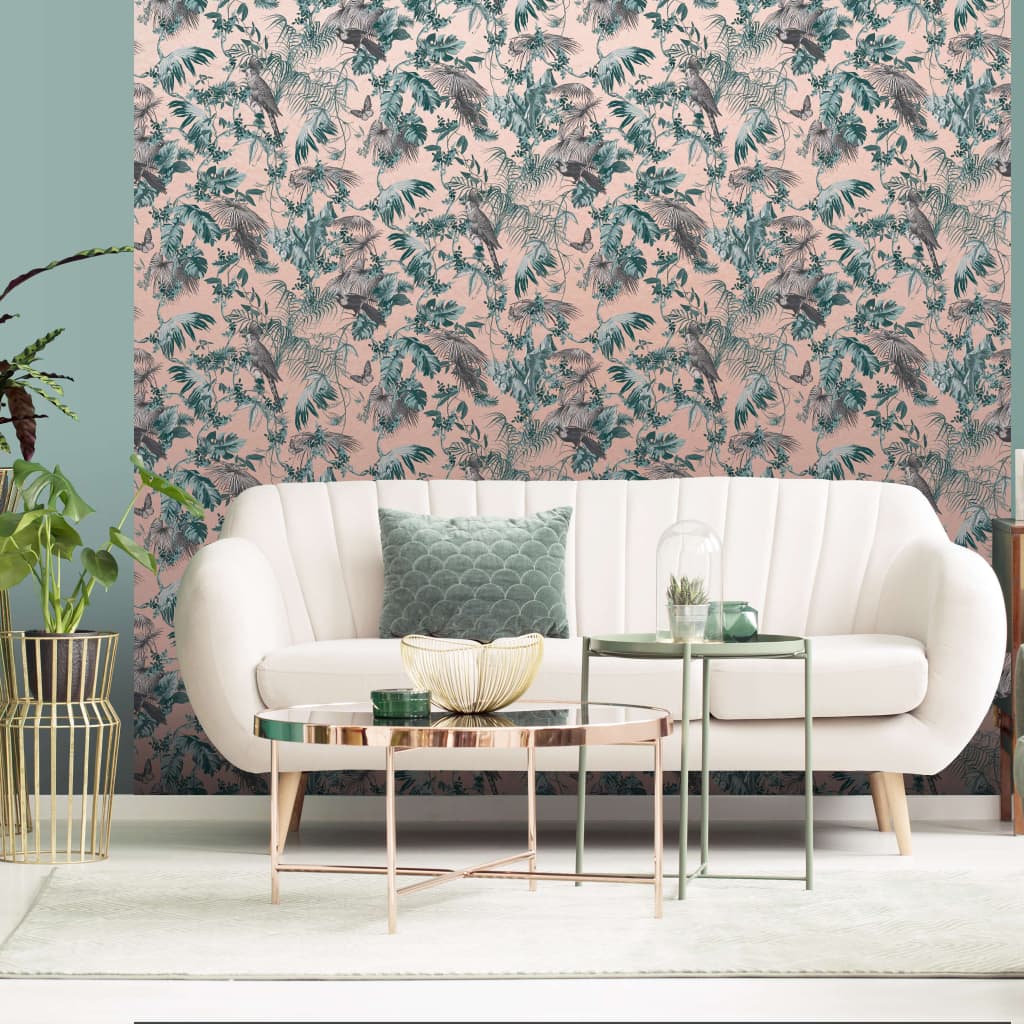 Holländska väggtäckningar tapetblad och fåglar gröna och rosa
