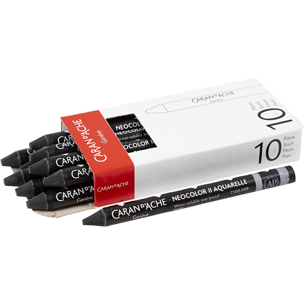 Caran dache caran d'ache neocolor ii, l: 10 cm, thickness 8.5 mm, black (009), 10 pieces 1 box