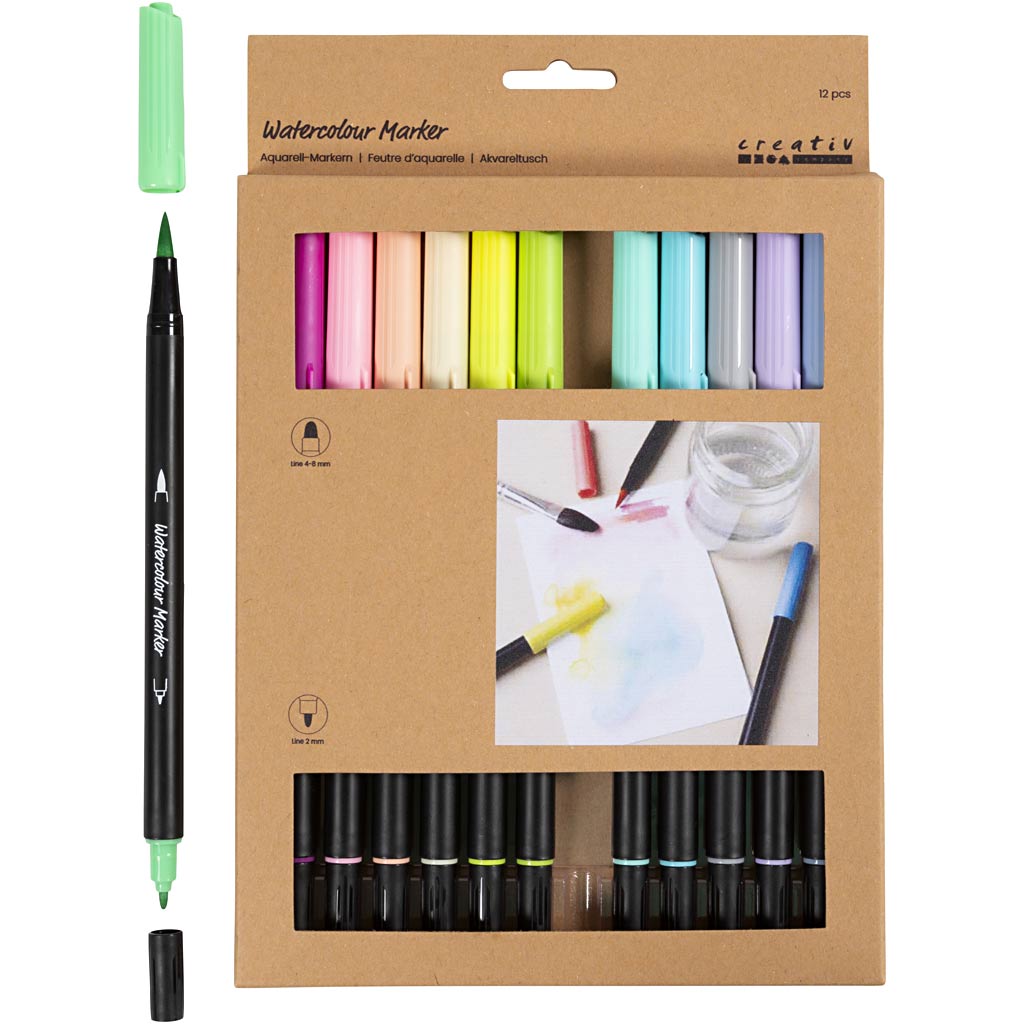 Creativ company aquarelmarker, pastel, lijndikte 2+4-8 mm, diverse kleuren, 12 stuk 1 doos