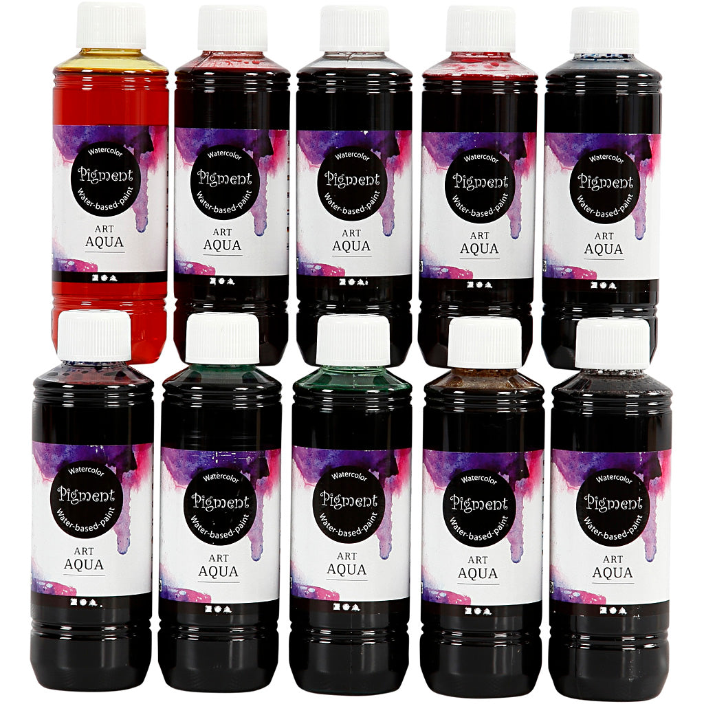 Pigment liquid watercolor paint, various colors, 10x250 ml 1 box