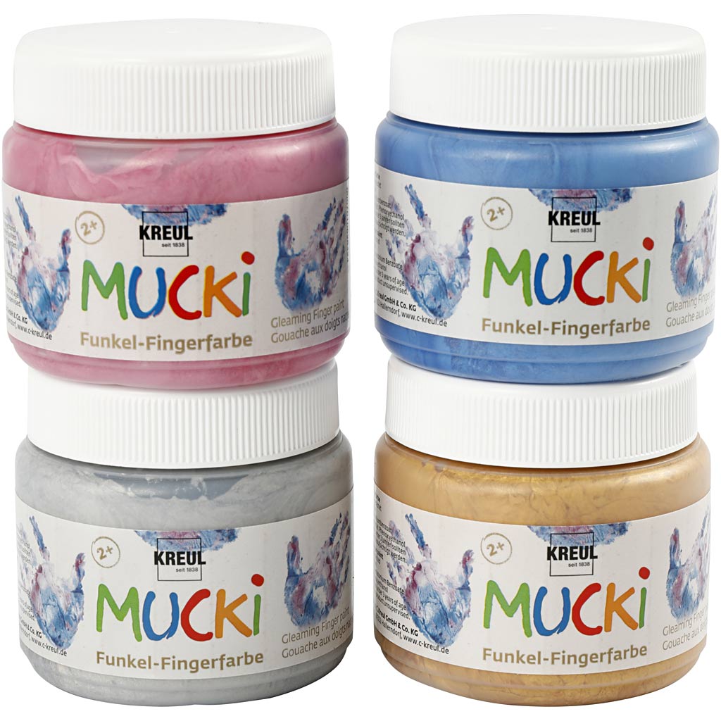 Creativ company mucki finger paint, metallic blue, metallic gold, metallic pink, metallic silver, 4x150 ml 1 box