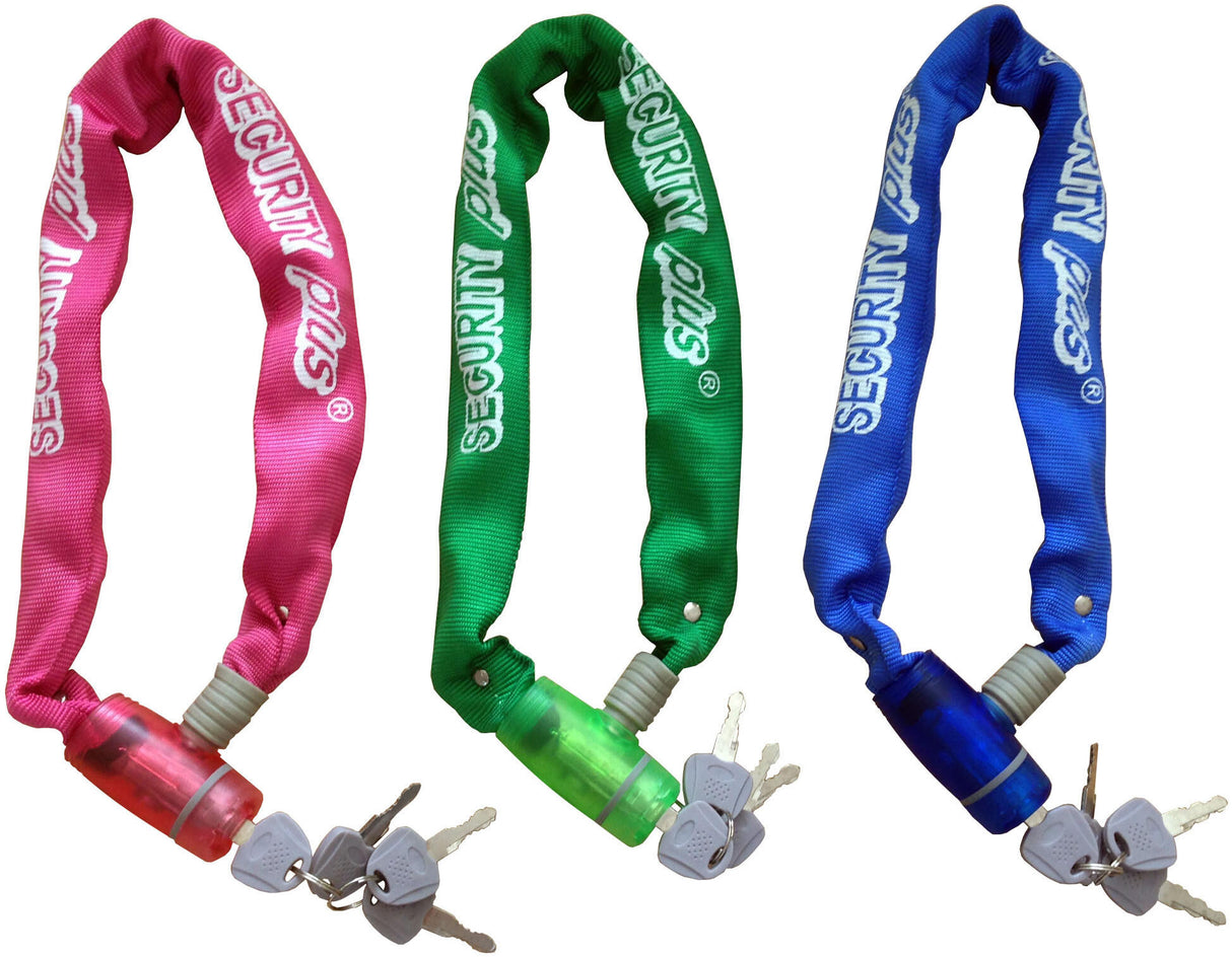 SECURITY PLUS chain lock "CCL 65"Ø 6mm, 650mm longeasy to use plug-in cylinder with 4 keys, special for kids, square chain from hardened steel, cover in three colours: pink, green and blue