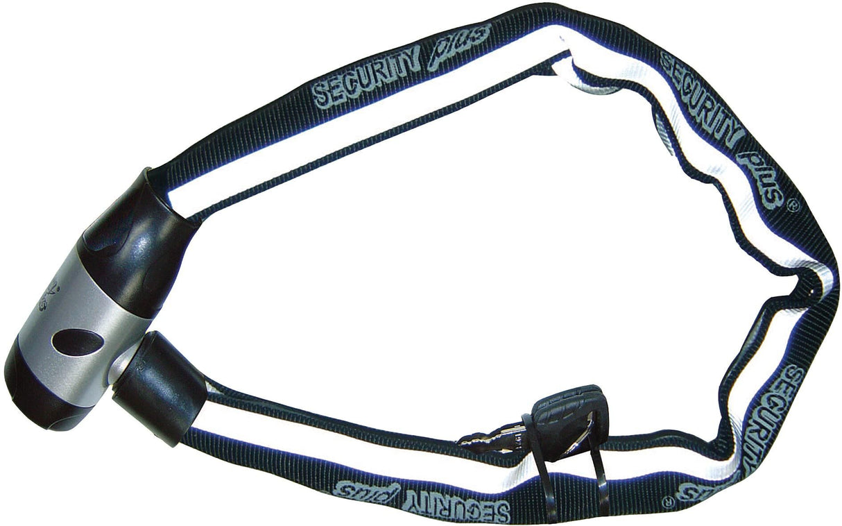 SECURITY PLUS chain lock "RKS" self-service package, Ø: 6mm, blacktextile cover with reflective stripes, lock head 360° rotatable, with 2 keys