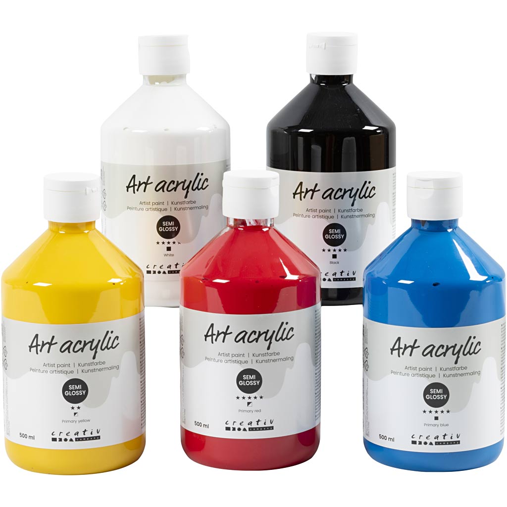 Creativ company acrylic paint, semi-gloss, primary colors, 5x500 ml 1 box