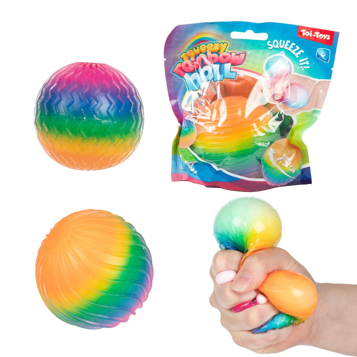 Toi-toys fun textured squeeze ball rainbow ribbed foam, 7cm
