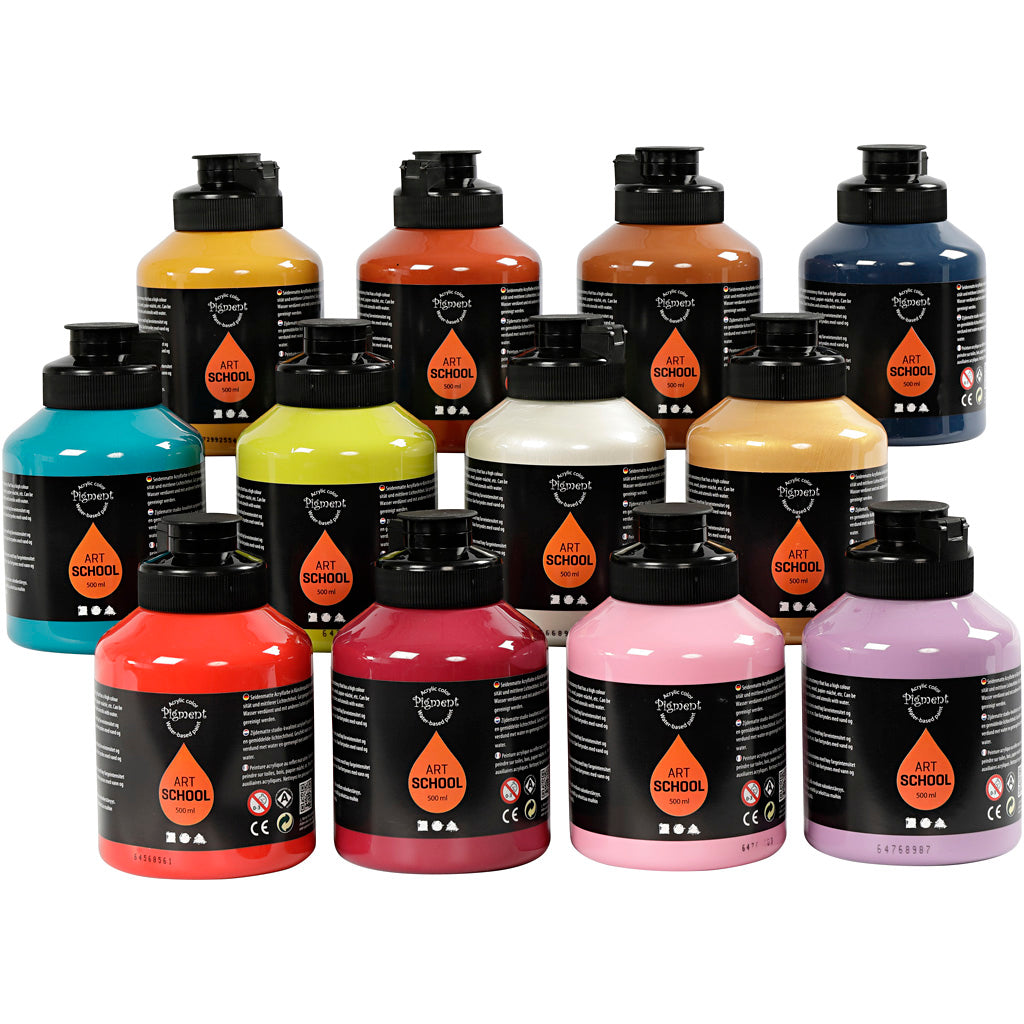 Pigment acrylic paint, semi-gloss, additional colours, 12x500 ml 1 box