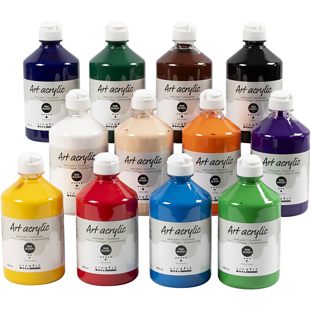 Creativ company acrylic paint, semi-gloss, standard colours, 12x500 ml 1 box