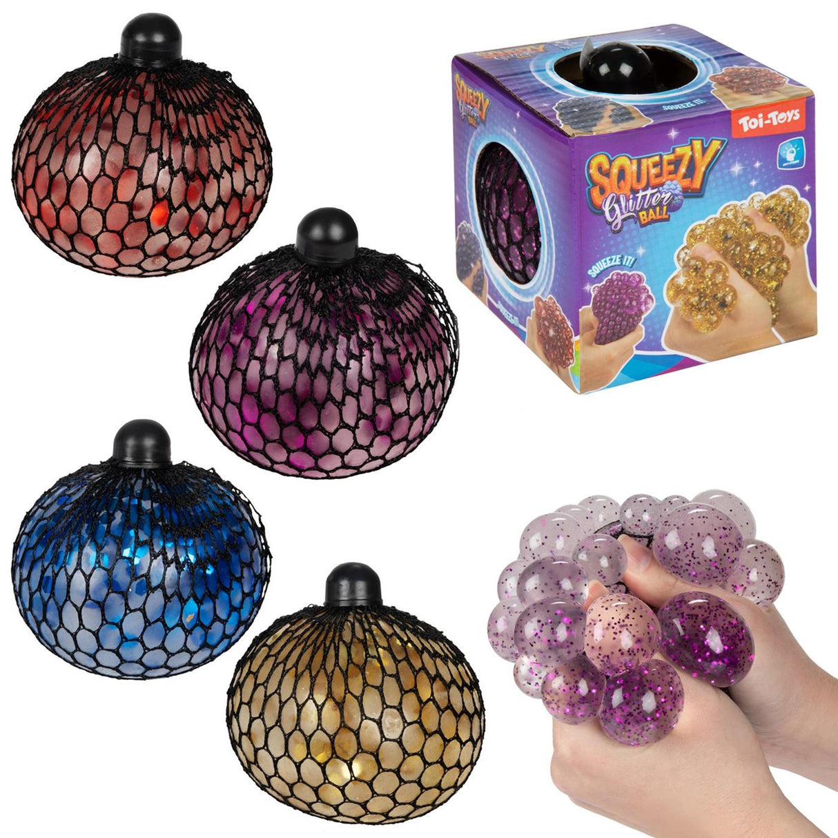 Toi-toys fun glitter squeeze ball in net, 10cm