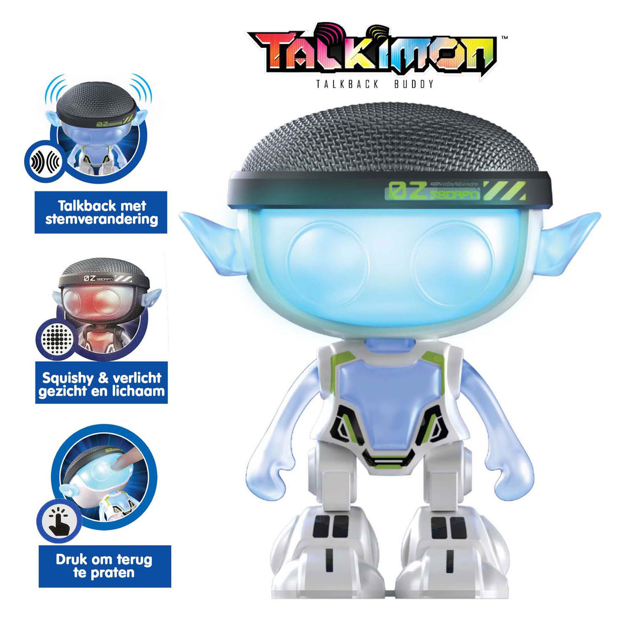 Mówiący robot Talkimon o srebrzystej barwie