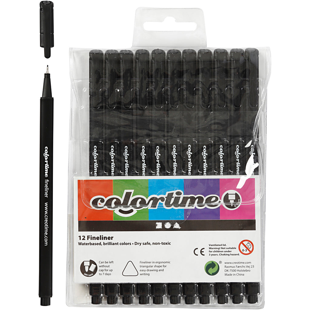 Colortime fineliners, lijndikte 0,6-0,7 mm, zwart, 12 stuk 1 doos