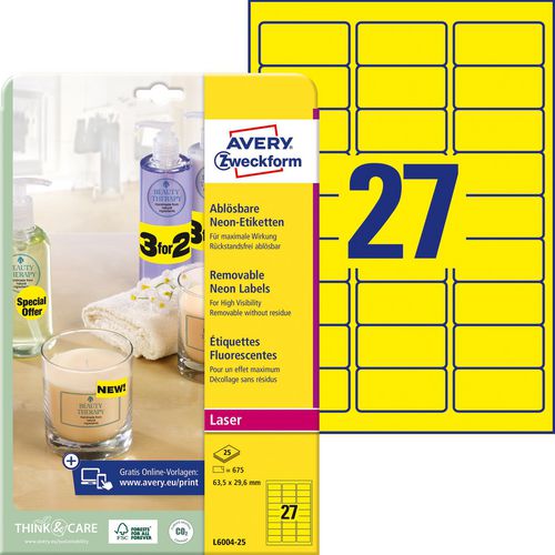 Merkloos sans marque etiketten avery zweckform 63,5x29,6 geel pak 675 stuks
