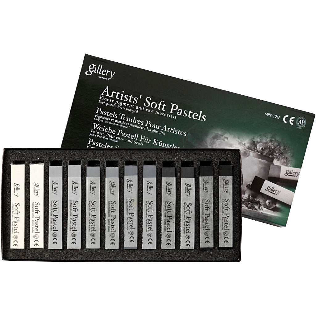 Creativ company gallery soft pastel set, l: 6.5 cm, thickness 10 mm, black and white harmony, 12 pieces in 1 box