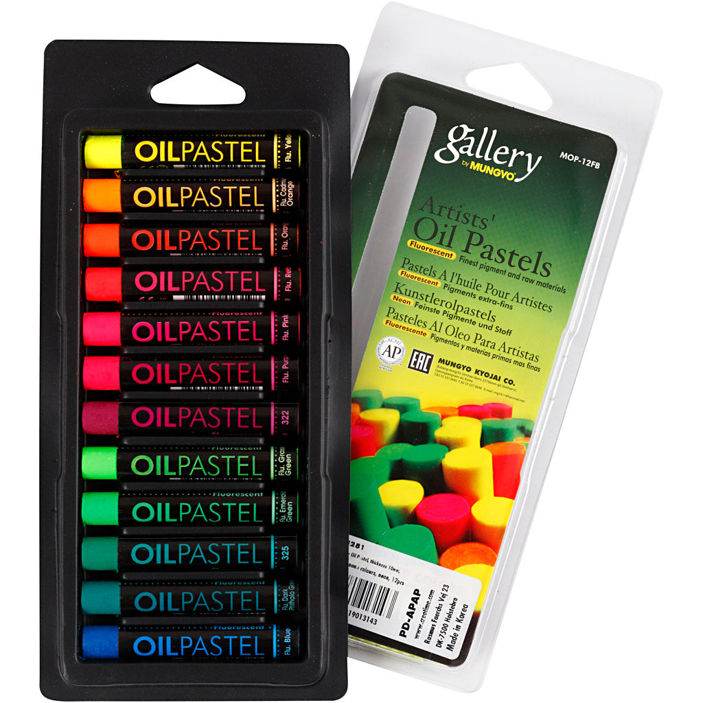 Gallery oil pastel, l: 7 cm, thickness 11 mm, neon colours, 12 pieces in a box