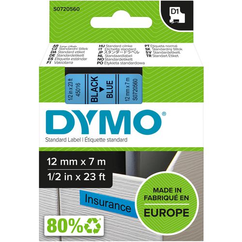 Tapes dymo d1 polyester 12mmx7m zwart-blauw glanzend