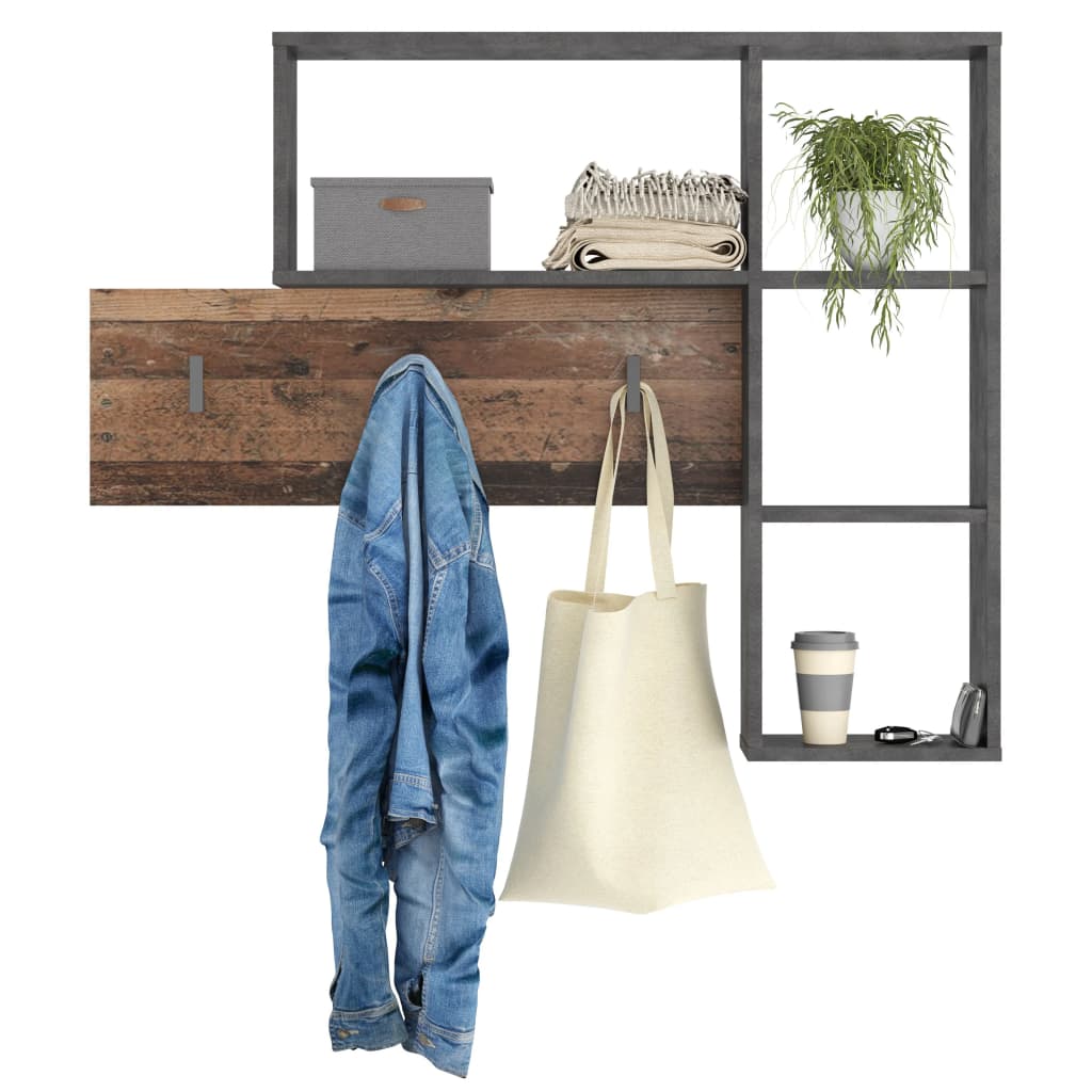 FMD wall coat rack with 4 open compartments of anthracite and dark brown