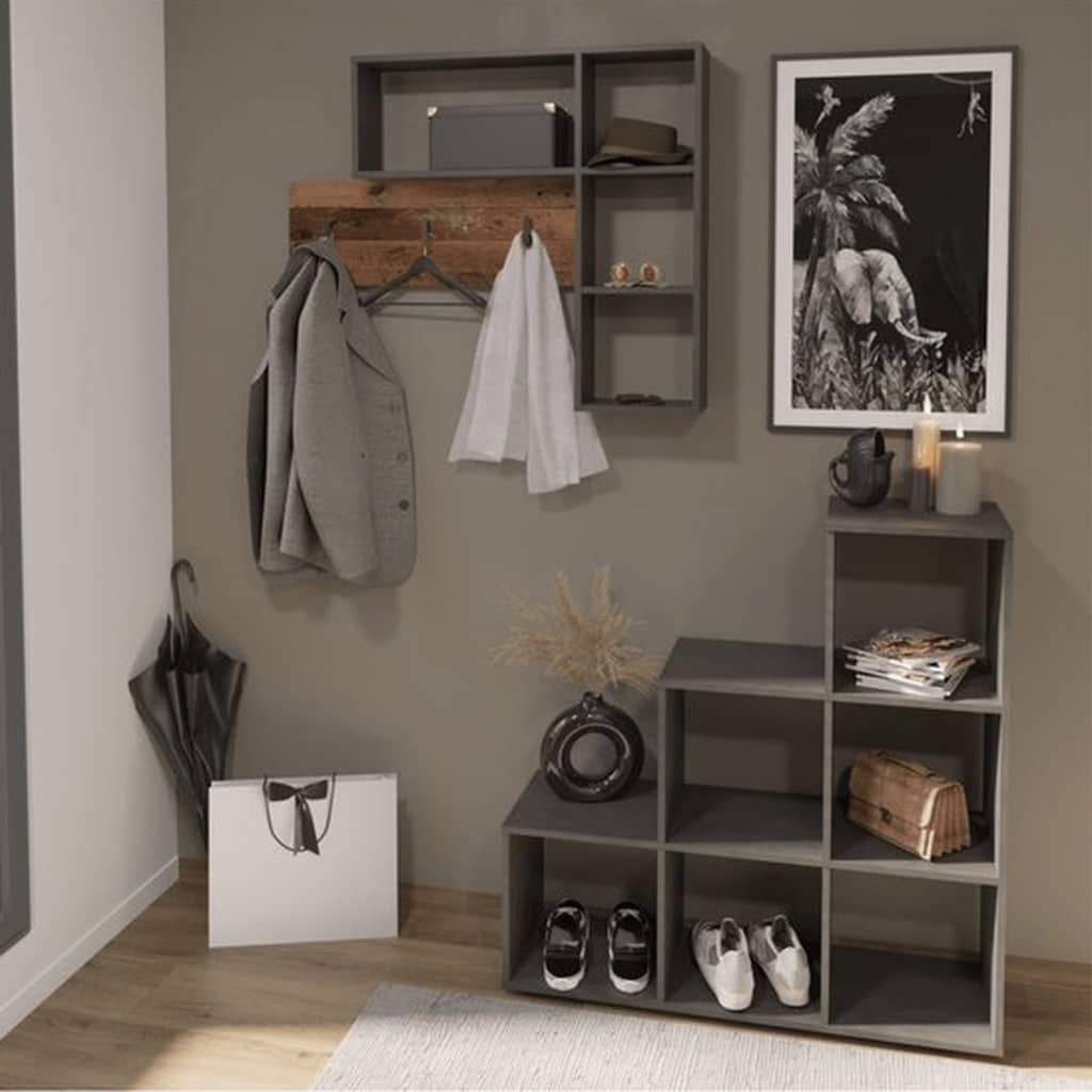 FMD wall coat rack with 4 open compartments of anthracite and dark brown