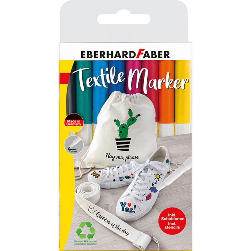 Eberhard Faber Textielmarker 8 pièces dans le cas + 4 pochoirs avec modèles