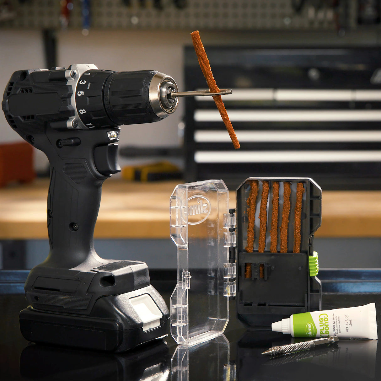 Smart tire repair set for drilling machines