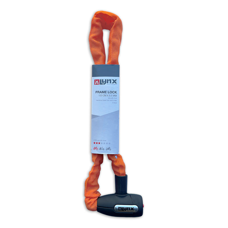 Orange Lynx CityLine M Chain Lock - 85 cm, härdat stål, 5,5 mm fyrkantiga länkar, väderresistent, bilklick, 3 nycklar