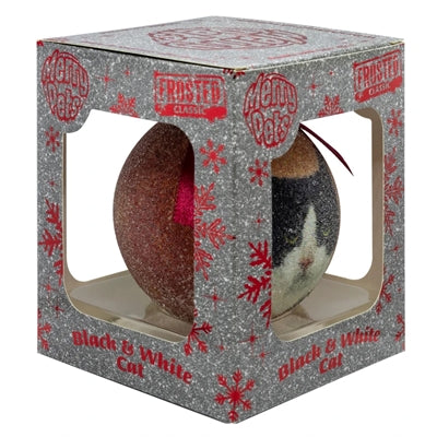 Molti regali palla di Natale glassata gatta bianco nero rosso