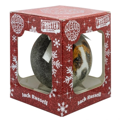 Mange gaver julekule frostet jack russel sølv