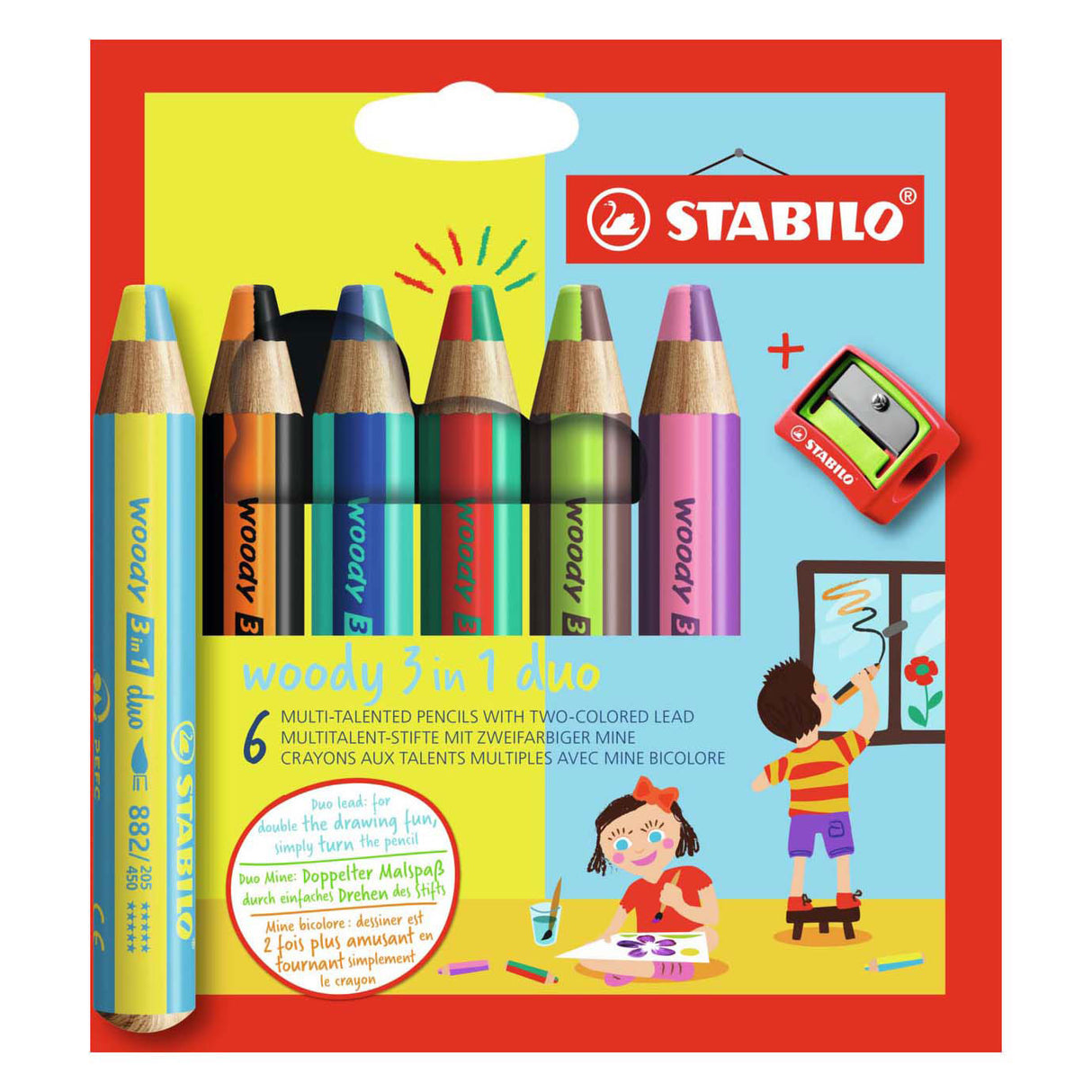 Stabilo woody 3 em 1 duo - lápis de cor multi-talentoso - conjunto de 6 peças. + apontador de lápis