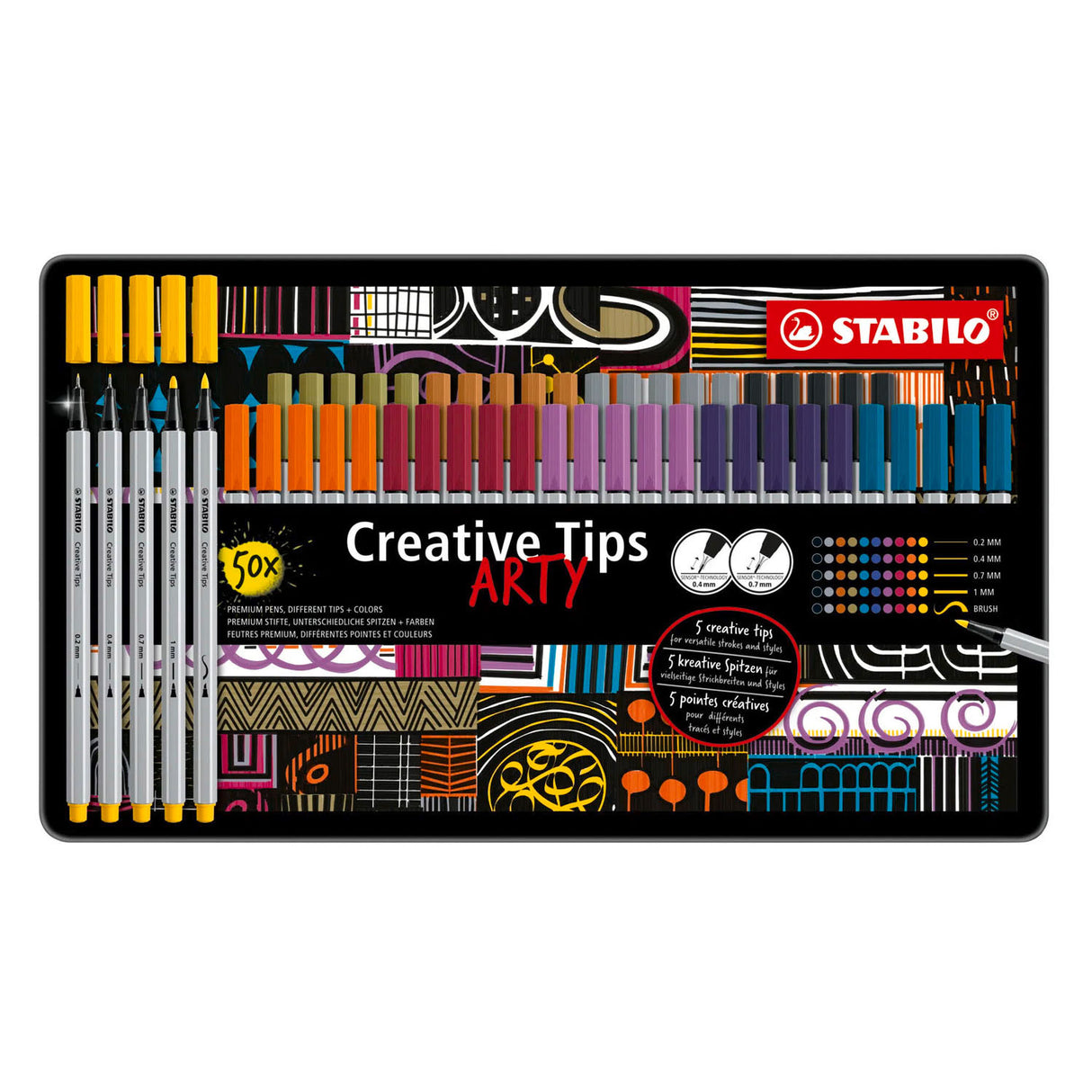 Stabilo creative tips arty pens in metal case - 50pc.