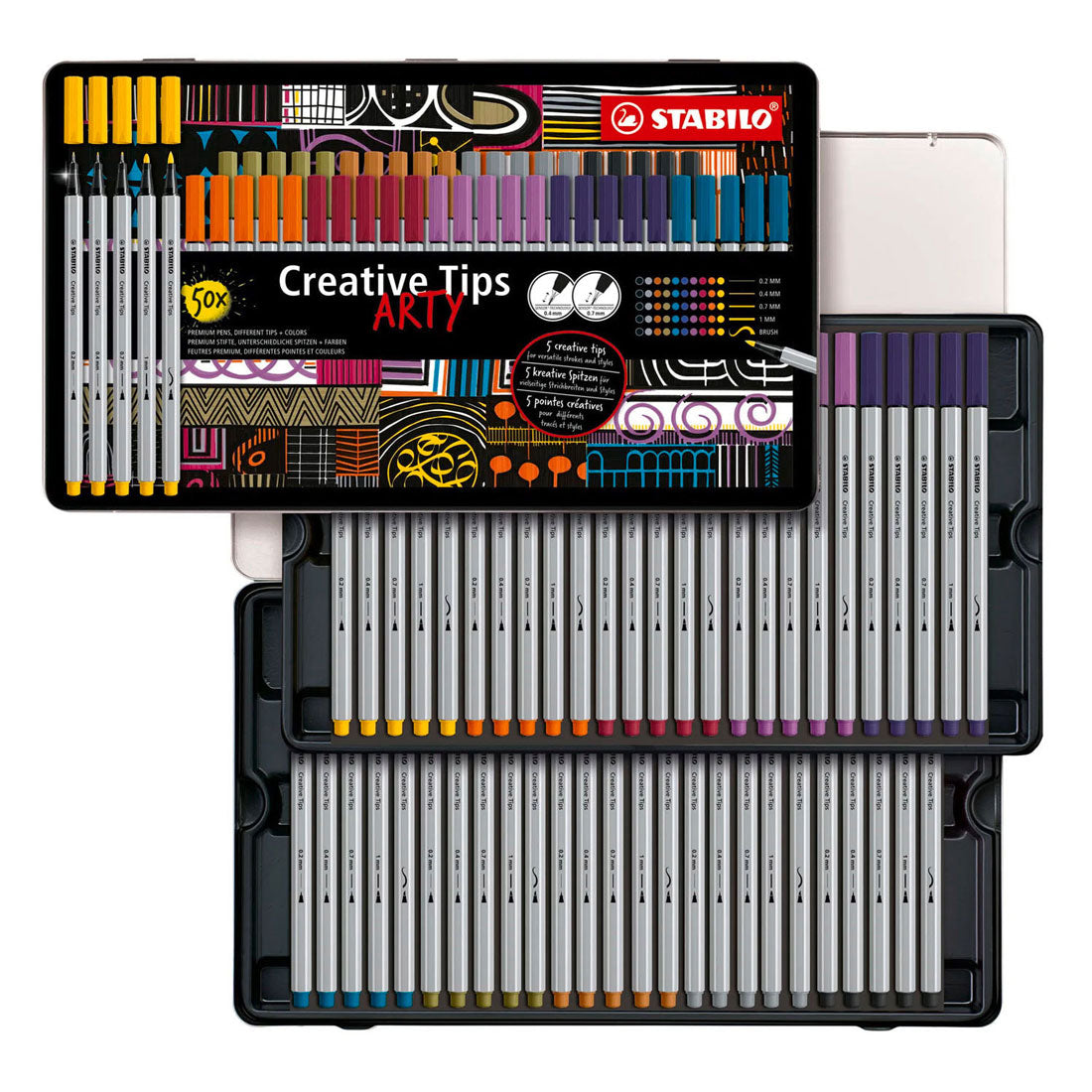 Stabilo creative tips arty pens in metal case - 50pc.