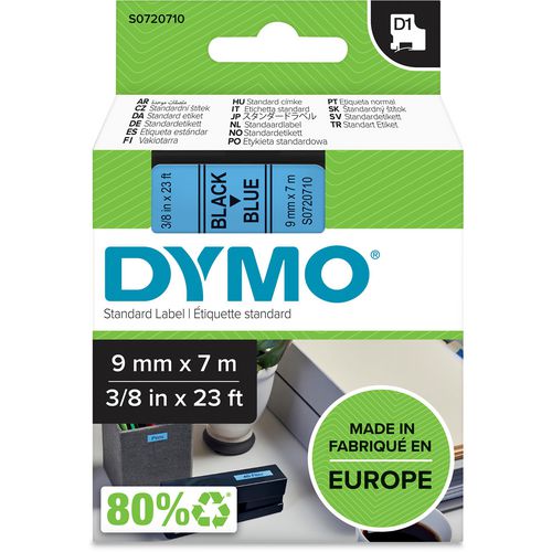 Etiketteertape dymo 9mmx7m zwart, blauw