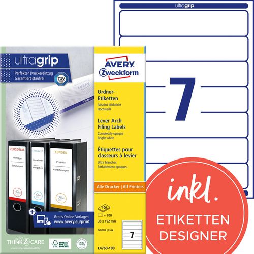 Avery Lever Arch File Labels L4760-100 38mm White Matt