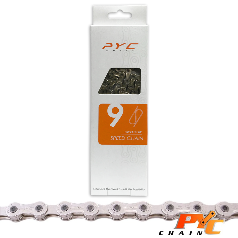 PYC Bicycle Chain 9V - Mushroom - Shaped zatiči - Chrome Harden Tech - 116 Schakels