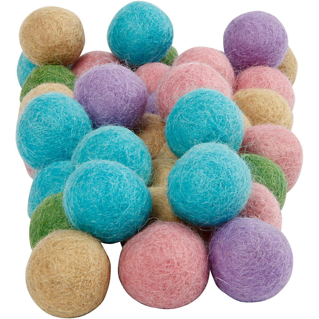 Creativ company wool beads, d 20 mm, pastel colors, 64 pieces 1 box