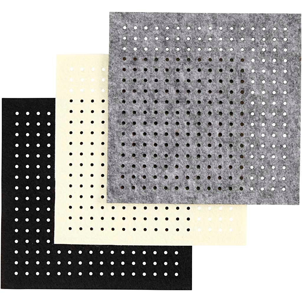 Creativ company hobby felt with holes, size 20x20 cm, thickness 3 mm, black, gray, off-white, 3x4 sheets 1 box