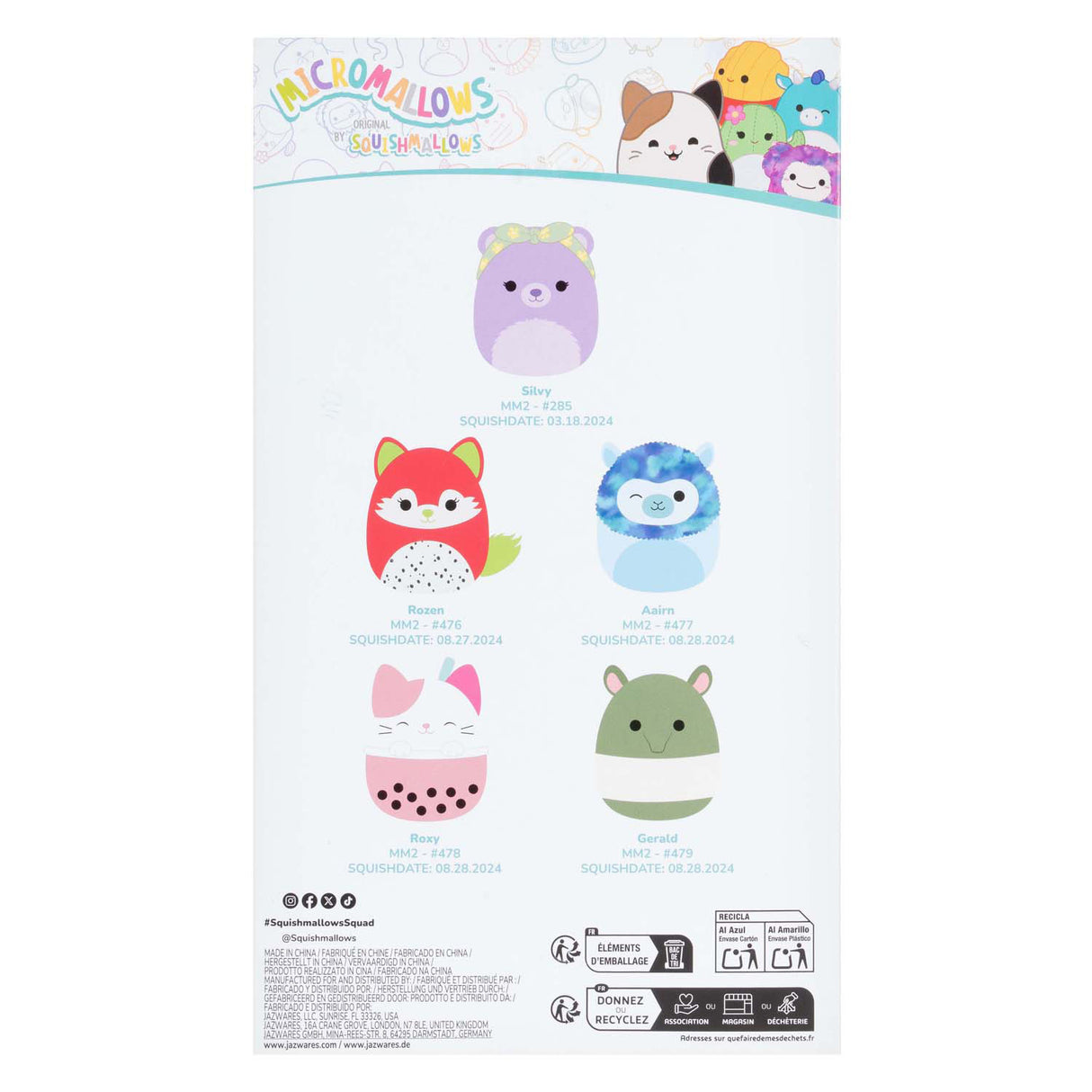 Jazwares squishmallows cuddly toy plush - micromallows silvy, roses, aarin, roxy, gerald - 5 pcs.