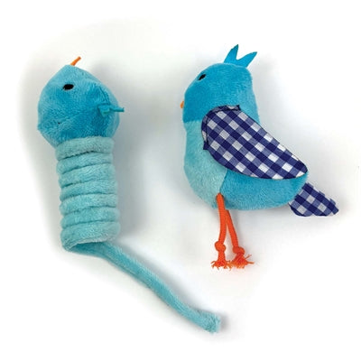 Feliz mascota tabby parche pájaro azul