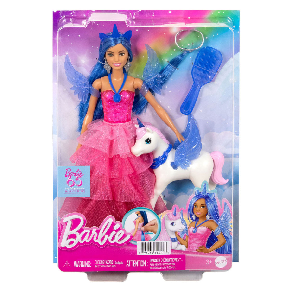 Mattel Einhornpuppe mit blauem Haar, rosa Kleid und Alicorn