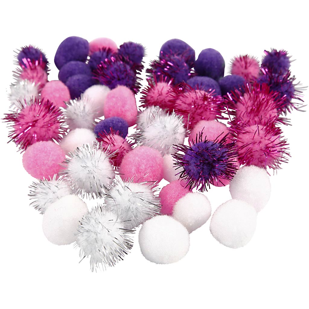 Creativ company pompoms, d 15+20 mm, purple, light red, white, 48 div 1 box
